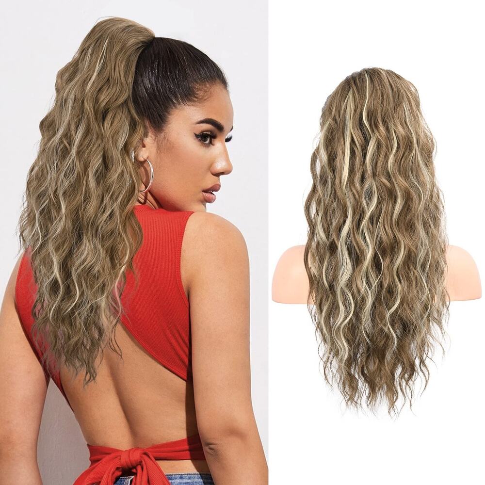 Womens Ponytail Hair Extension Wavy 22" Brown Ash Blonde Wrap Around Synthetic